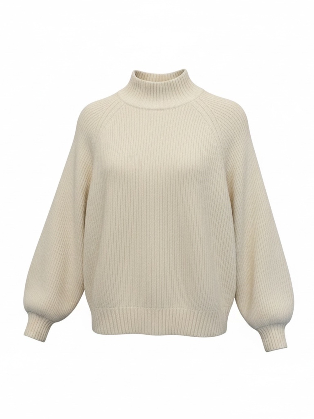 LOFT Cream Ribbed Turtleneck Sweater with Balloon Sleeves